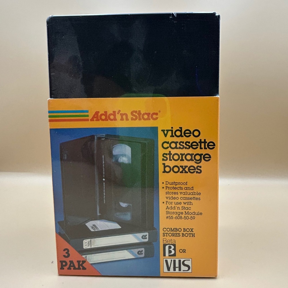 Add'n Stac Video Cassette Storage Boxes 3 Pak VHS Beta Black Vintage New A152